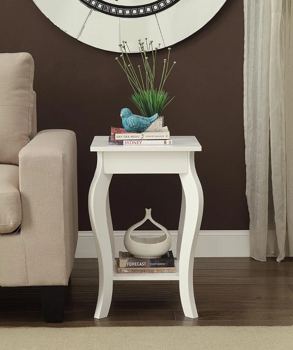 White Finish Curved Legs Accent Side End Table With Bottom Shelf ...