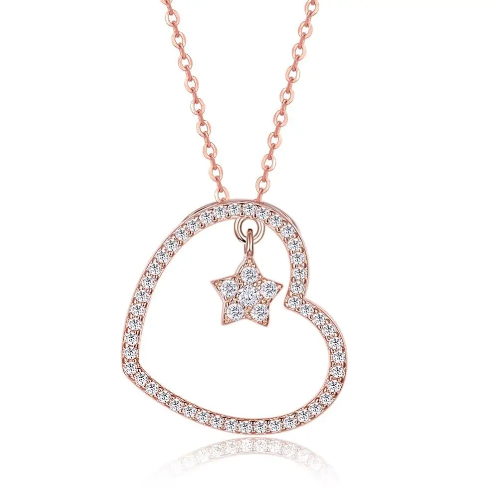 

Fashion Rose Gold Plated Hollow Pave CZ Heart Necklace with Star Pendant Jewelry for Women