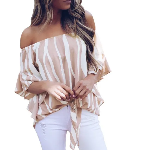 

Women's Chiffon Striped Off Shoulder Bell Sleeve Front Tie Knot T Shirt Blouse Tops Tees, Black;pink;blue
