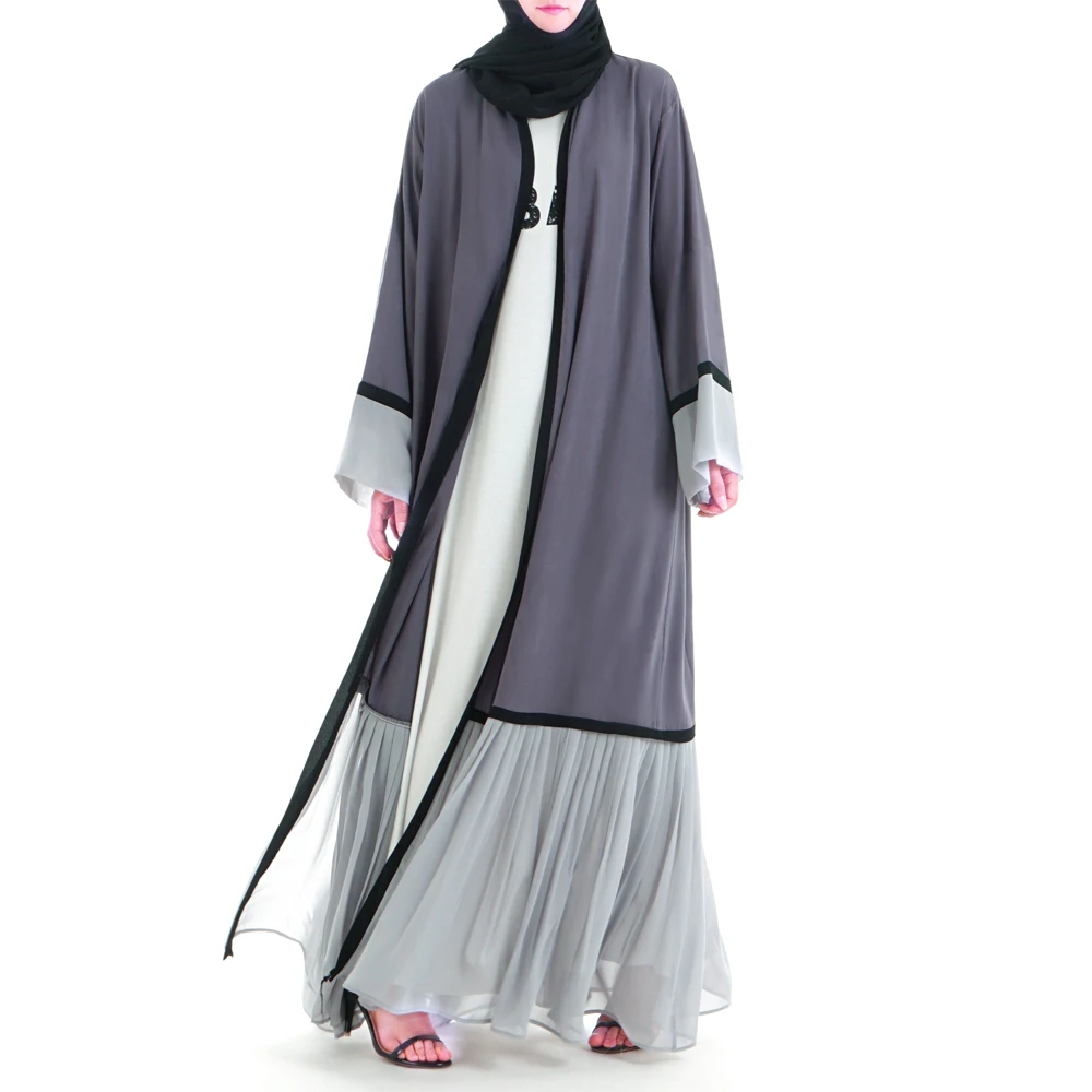 

summer new women casual muslim clothing chiffon fabric pleated gray abaya open kimono dress