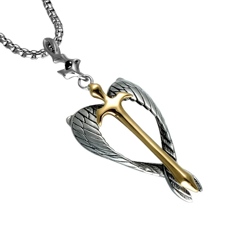 

Hot Selling Christian Vintage Cross Wings Titaniumsteel Men's Pendant Necklace