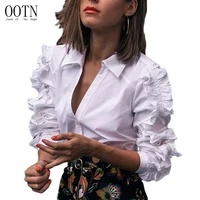 

OOTN 2019 Autumn Winter Long Sleeve Blouse Button Workwear Chemise, Women Tunic Shirts Female Tops, White Ruffle Office Blouses
