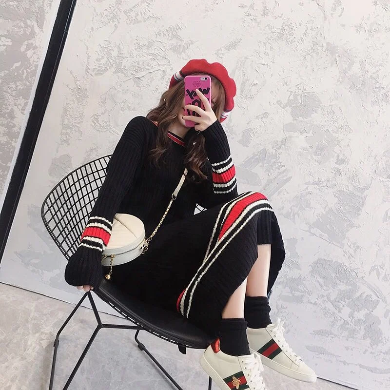 

2018 Women Red and White Striped Sweater Knitting Wool Pullover Jumpers Long Dresses Winter Fashion Oversized Long Sleeve