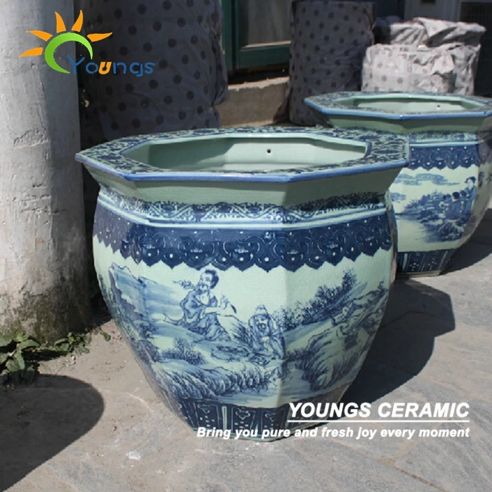 Antiguo chino grande azul blanco de cerámica macetas jardineras
