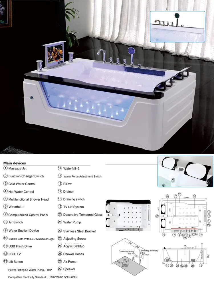 Hsb229 One Piece Whirlpool Tub Shower Combo/ Couple Bathtub/ Bathtub With Tv Buy One Piece