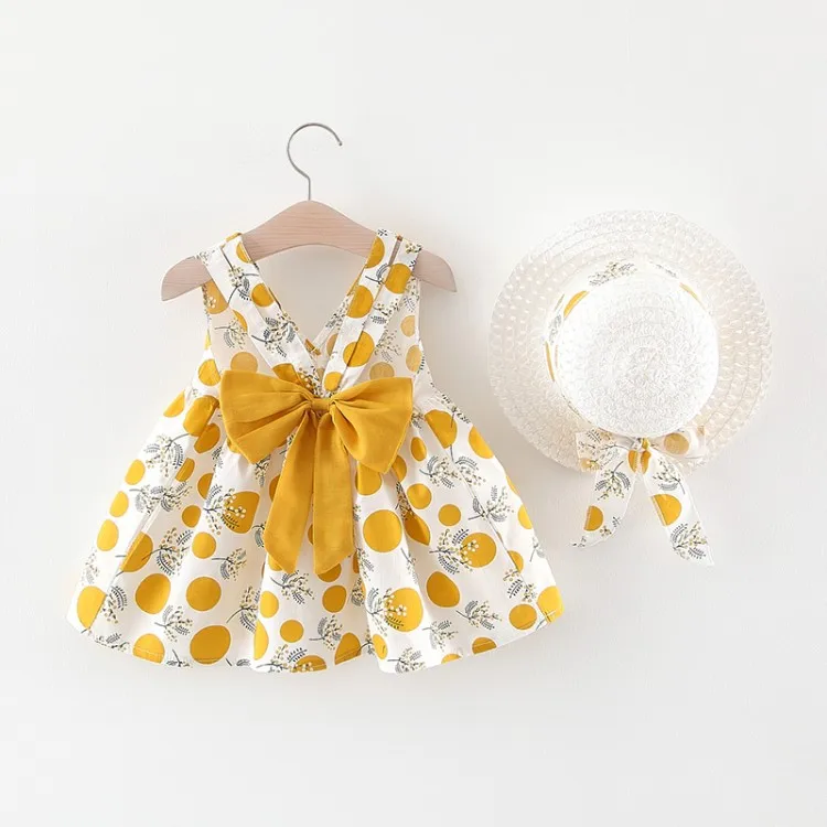 

Kids clothes printing bow sling dress and bow straw hat two piece set for baby girls, Pink,yellow,orange