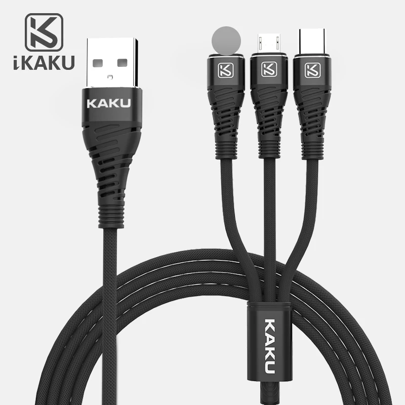 KAKU Braided micro aluminum charger cables 3 head multi charging 3 in 1 usb cable