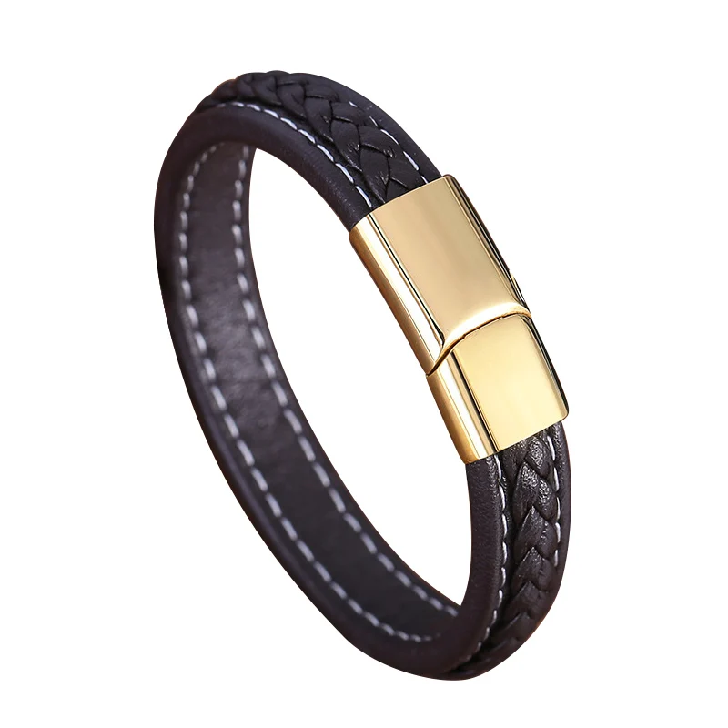 

Stainless Steel Leather Woven Bracelet Men's Jewelry, Silver, gold, black