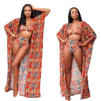 

90604-MX23 3 piece sets sexy printed mature bikini cover up beachwear