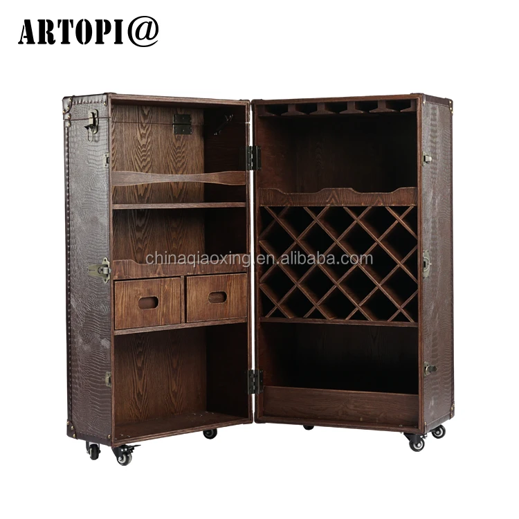 Vintage Luxury Decorative PU Furniture Bar Whisky Wine Drinks Shelf Display Cabinets With Casters