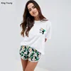 KY Comfy Crew neck Short sleeves Stretch waist all over print white Tee And Shorts women Pyjama Set