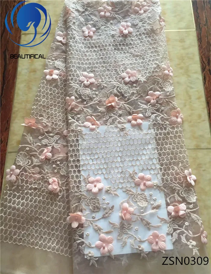 

Beautifical Embroidery flower 3D net lace fabric with beaded Peach african tulle lace fabric 5yards ZSN03, Black;peach