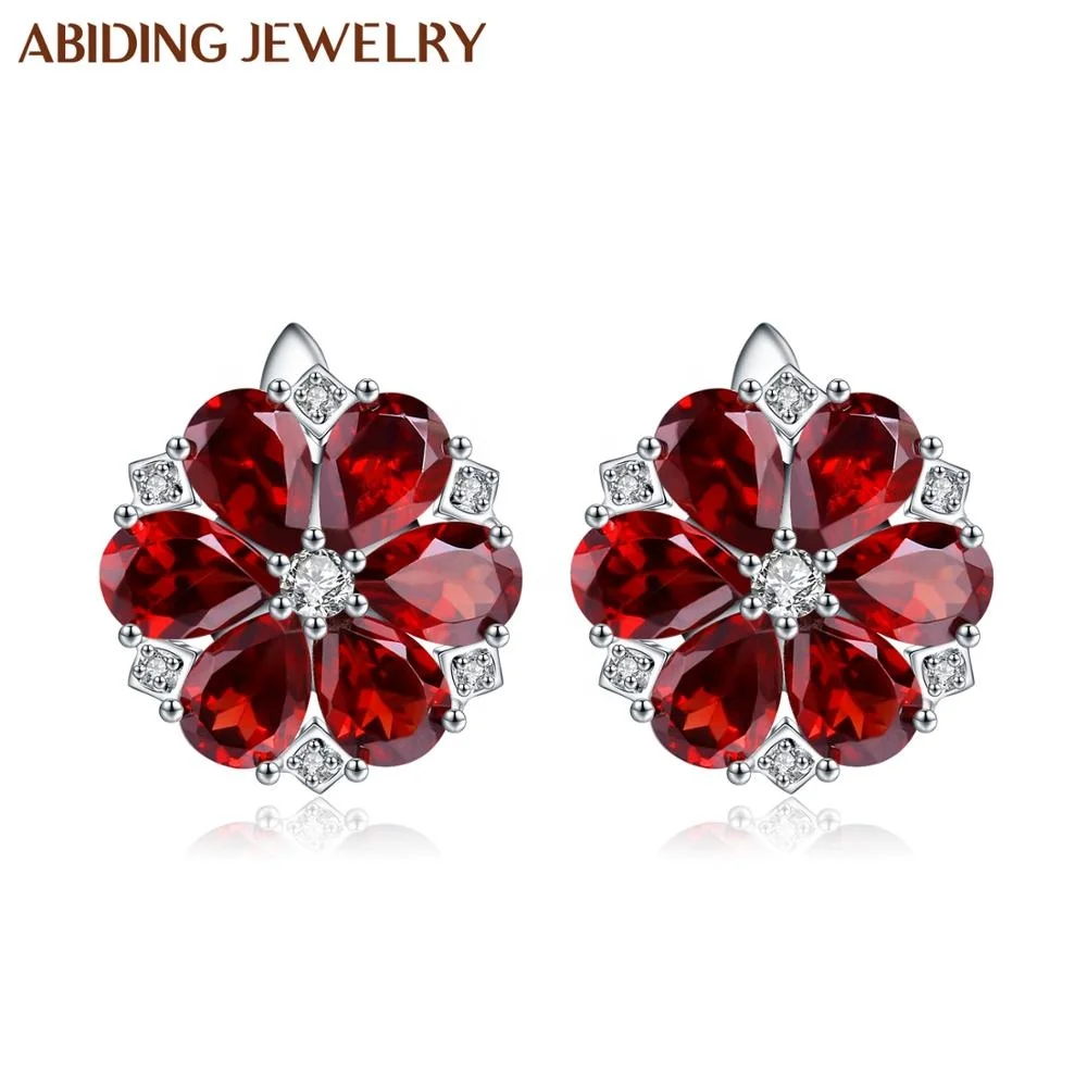 

Abiding Simple Natural Red Garnet Round Earrings 100% 925 Sterling Sliver Flower Earrings Women Party Wedding Jewelry