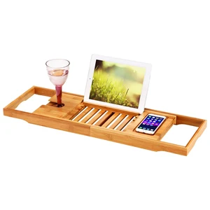 Image of Natural Bamboo Bath Caddy Bathtub Tray with Extending Sides Adjustable Book Holder Tray Organizer for Phone and Wineglass