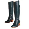 Dark blue leather knee high boots block heel fancy over knee boots trendy rubber sole dress shoes boots for youth
