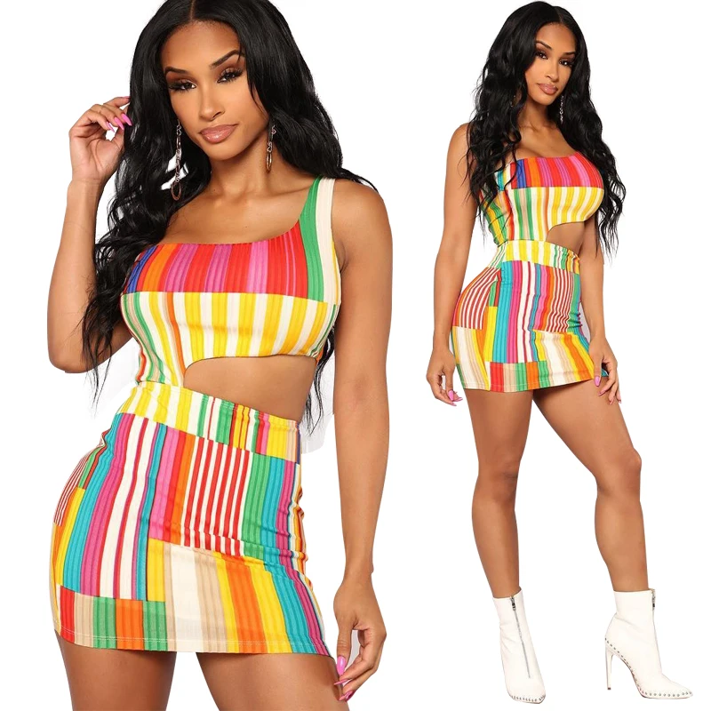 

N21015A European and American women's color striped dress mini skirt for women, As shown