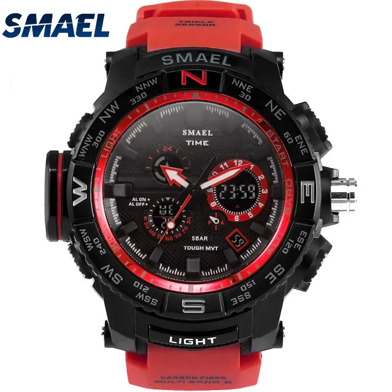 

Red water resistant quartz digital watch dual time wristwatches smael brand 1531