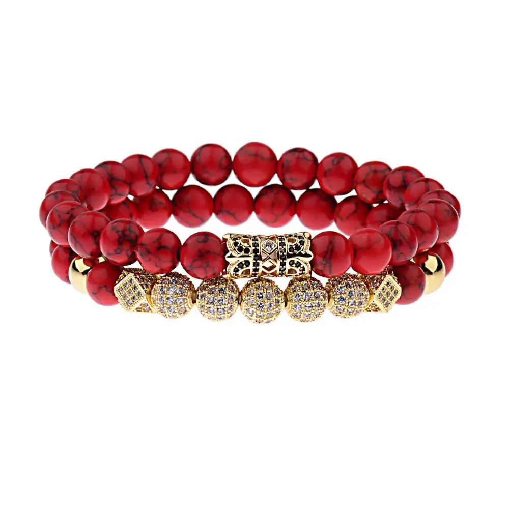 

Luxurious 8mm Elastic Red Turquoise Beads Bracelet Micro Pave Cubic Zirconia CZ Ball Charm Bracelet, As picture shows