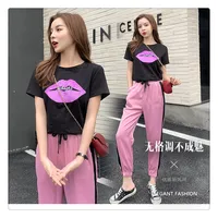 

Fat MM Size Fashion Leisure Sports Suit Female Summer Korean Version Loose Hong Kong Female Running Thin Two-piece Suit