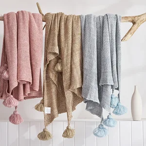 Pure Cotton Blanket Knit Pom Pom Blanket