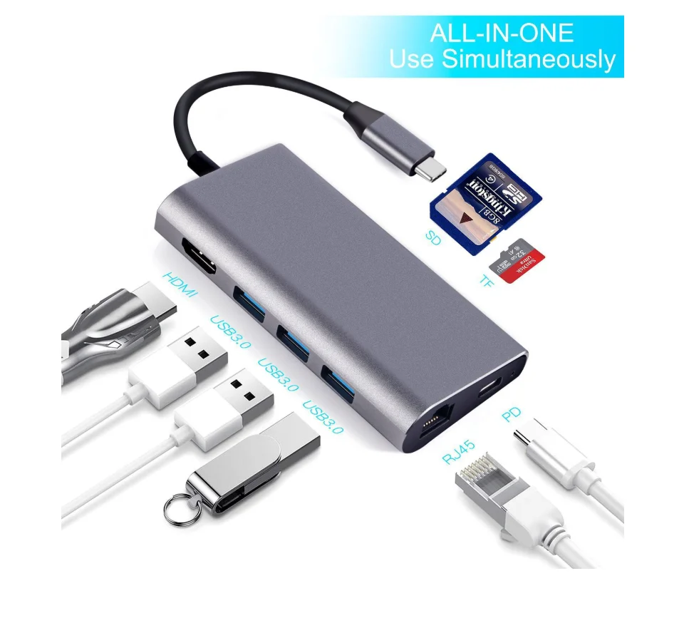 2019 the newest item type C Man hub Type C  to HDMI 3*USB 3.0 RJ45 Gigabit Ethernet SD/TF card reader 8 Por Hub