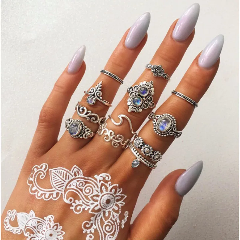 

12 Pcs/set Vintage Sunflower Crown Stone Midi Ring Crystal Hollow Knuckle Rings Set for Women Bohemian Beach Jewelry (SK135), As picture