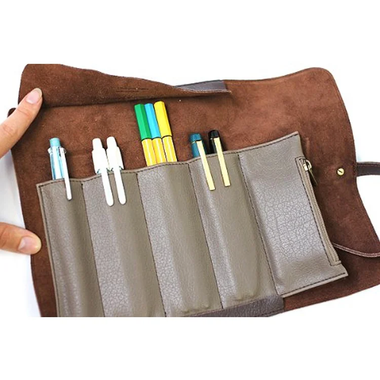 Customized Fashion College Student Snap Button Leather Pen Pencil Wrap Roll Case Holder Stationery