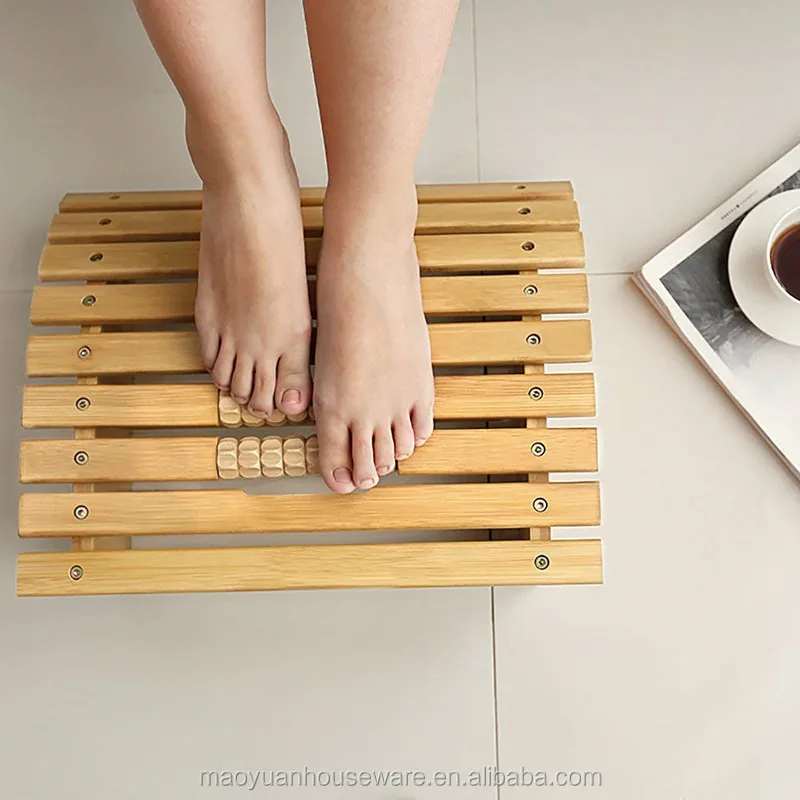 Health Ergonomic Bamboo Massager Footrest Foot Stool Under Desk For Office Home 