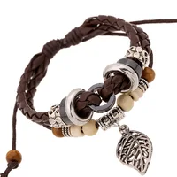 

Wholesale Vintage Alloy Leave Charm Bracelet Unique Braided Leather Cord Bracelet Fashionable Korea Mens Bracelet