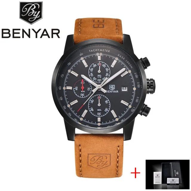 

Top Sale BENYAR 5102 Top Luxury Brand Genuine Leather Strap 30M Waterproof Quartz Chronograph Wristwatch Men