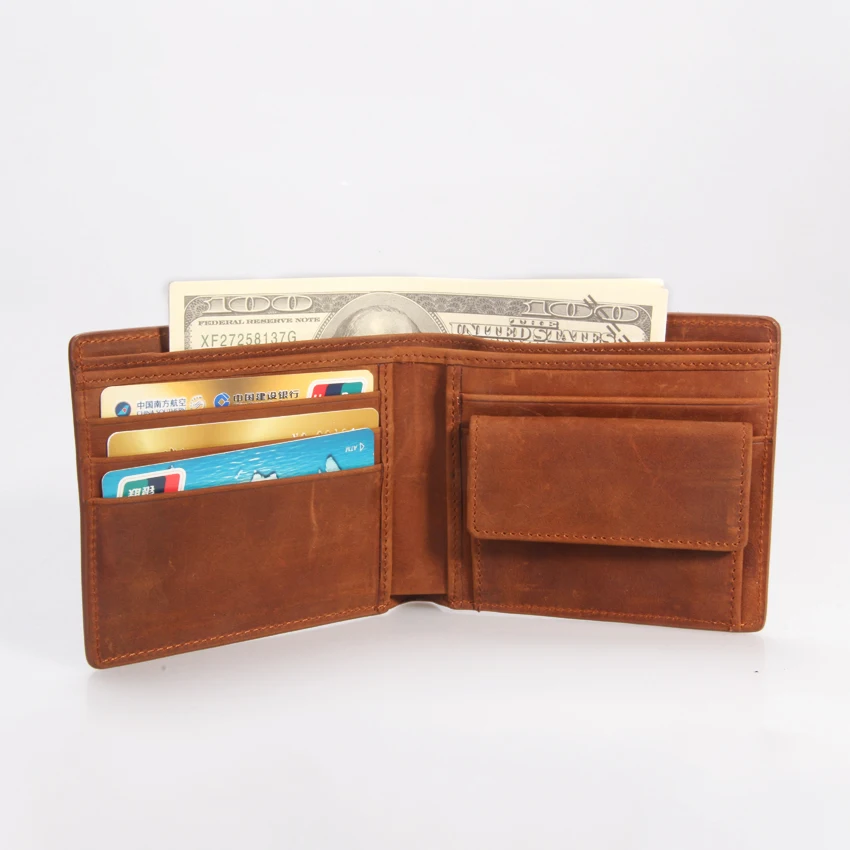 

Men's Brown Crazy Horse Rustic Distressed Cow Leather Bifold Wallet With Coin Pocket Purse Manufacturer, Can be customized