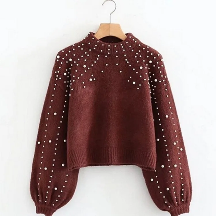 Round Neck Women  Loose Sweater Short Nails beaded Decorative Pullover Woman Sweater