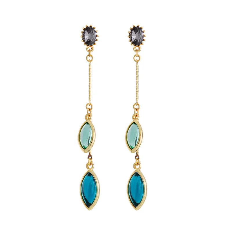 

ed01161c Blue Leaf Dangle Gemstone Gold Earrings