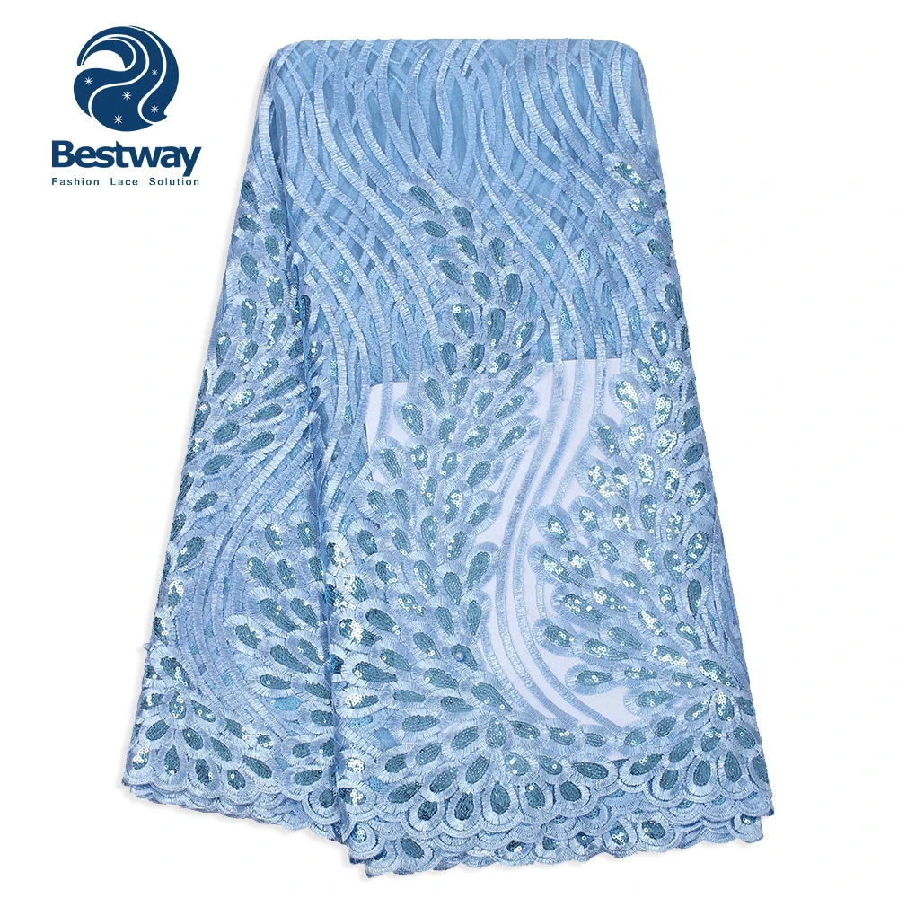 

Bestway Sky Blue Embroidered Mesh Dress French Tulle French lace Fabric with sequins FL0454, As pictures