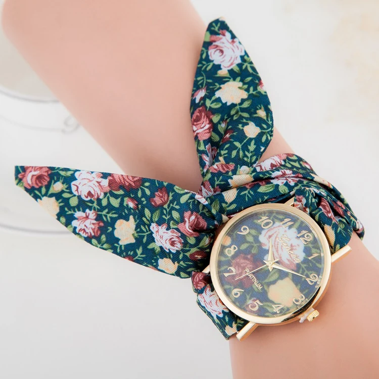 

Hot Selling Women's Bow Bracelet Wristwatch Flower Fabric Stripe Bracelet Watch, 7 different colors the brand , you can choice the watch dial