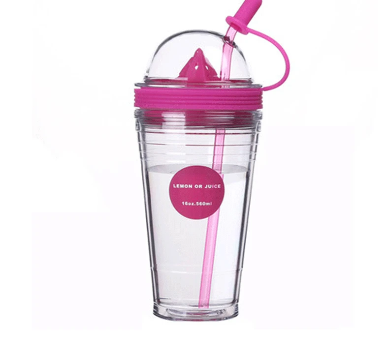 AS Material Double Wall Plastic Drinking Cup, Plastic Juice Cup With Straw