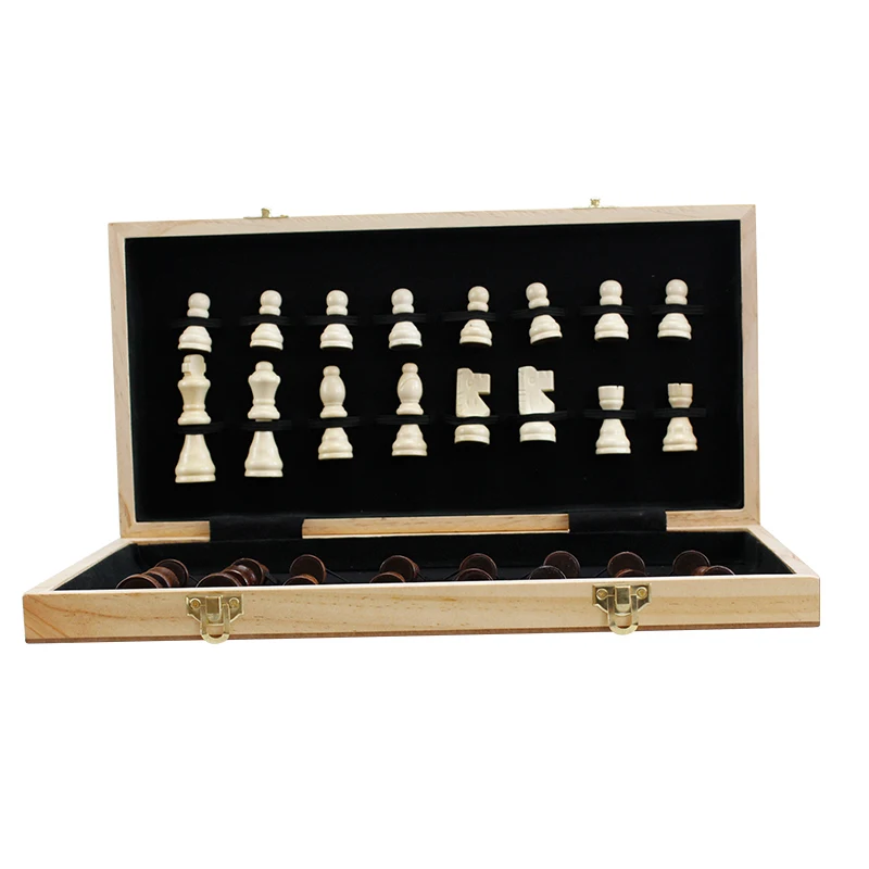 

15 Wooden Chess Set with Felted Game Board Interior for Storage, As pictures