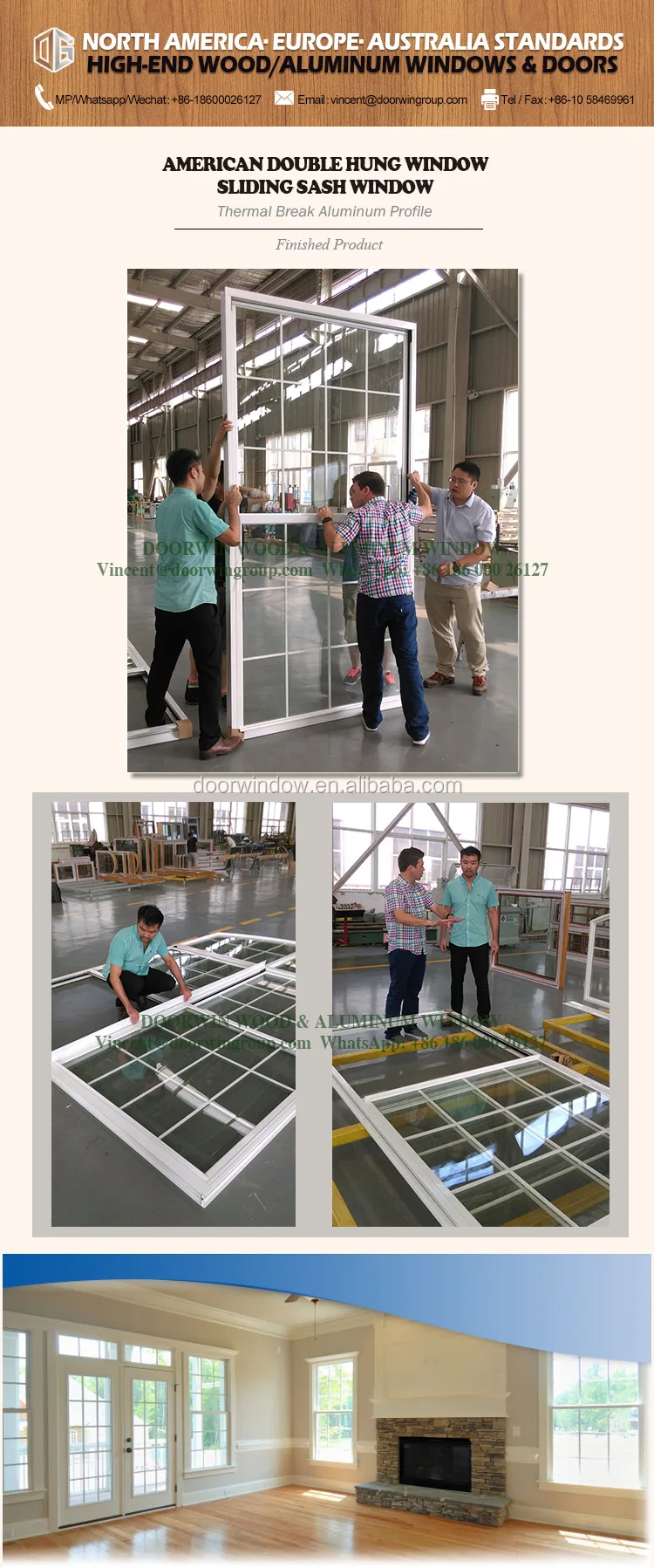 Wholesale price aluminum window frames 3D wood grain finishing double hung window with handle