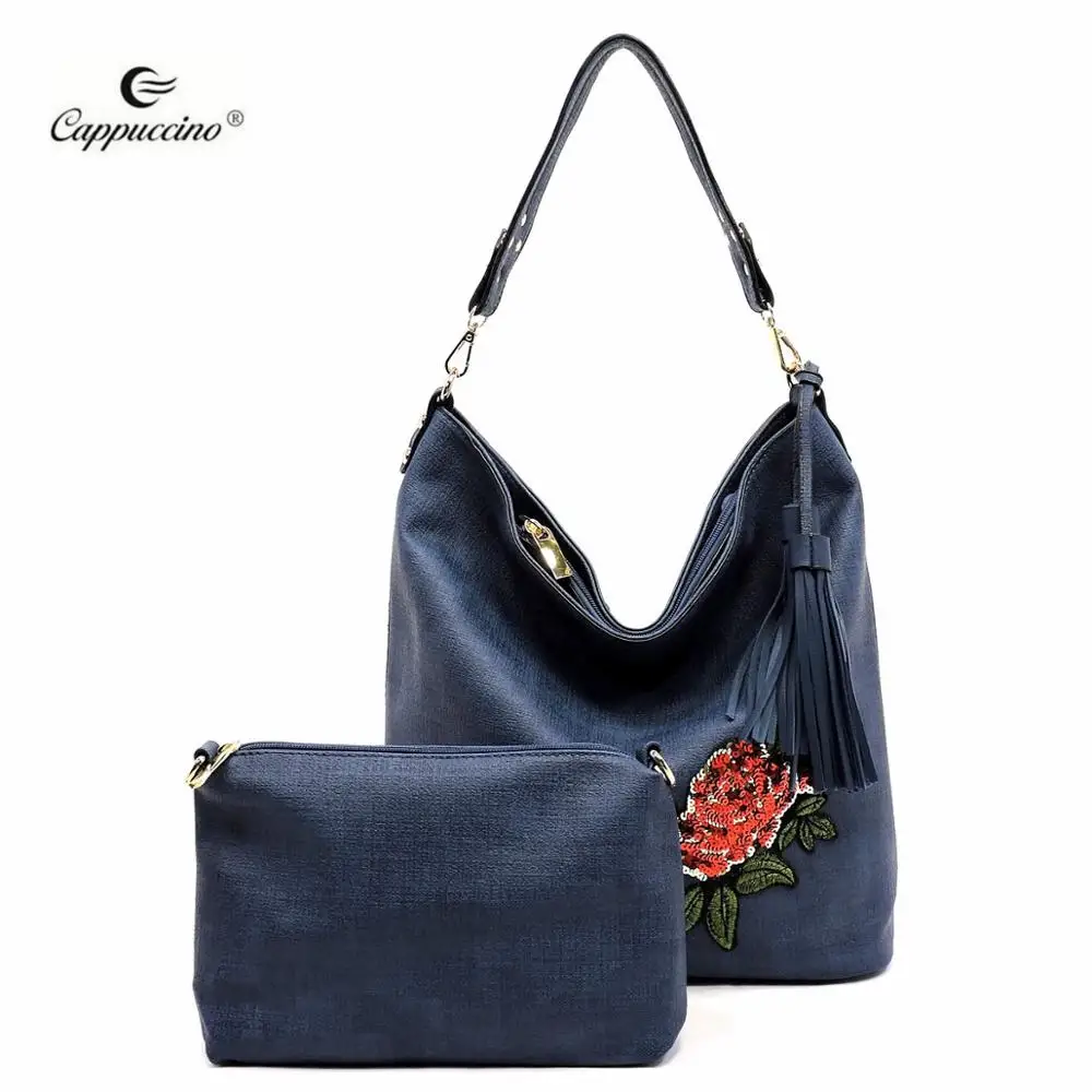 

2019 new products wholesale women Textured Sequin Embroidered Flower 2-in-1 Bucket Hobo bag, More colors are available