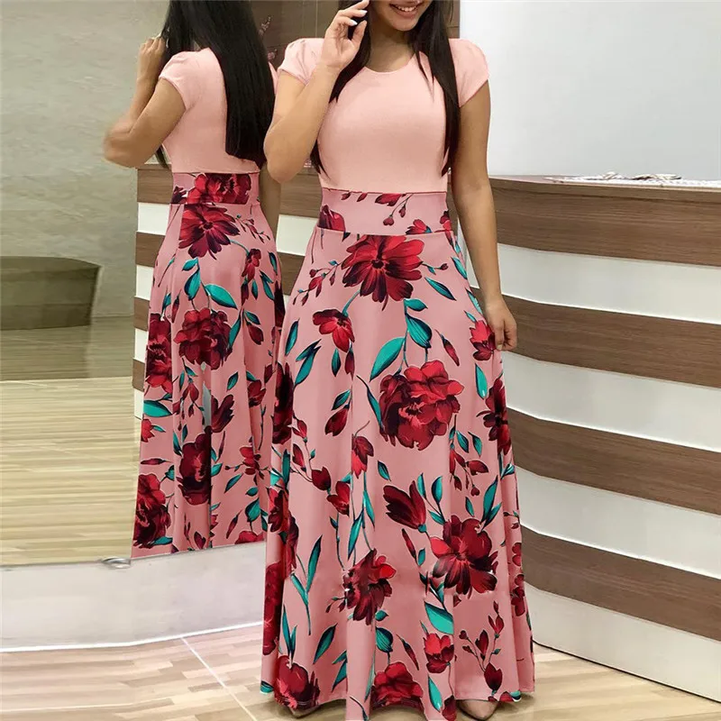 

Fashion Floral Print Casual Short Sleeve O Neck Ladies Evening Party Women Long Maxi Dress, Red