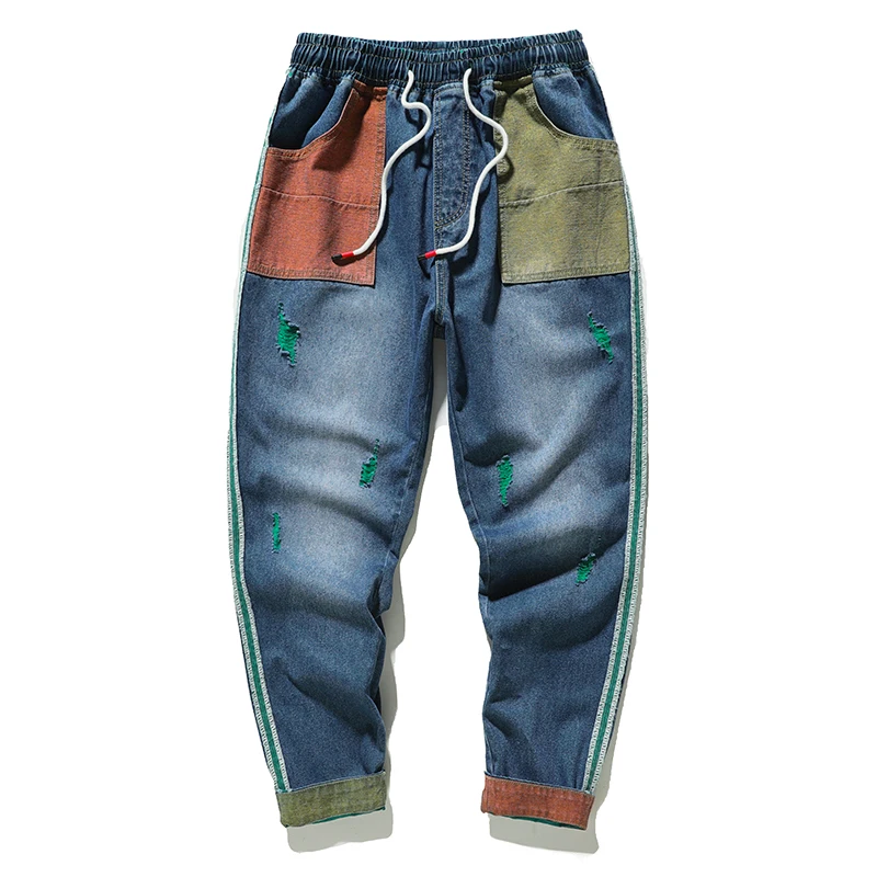

Summer Cotton Jeans Men's Thin Section Large Size Hole Ankle Length Casual Pants Men's Loose Straight Hit Color Jeans