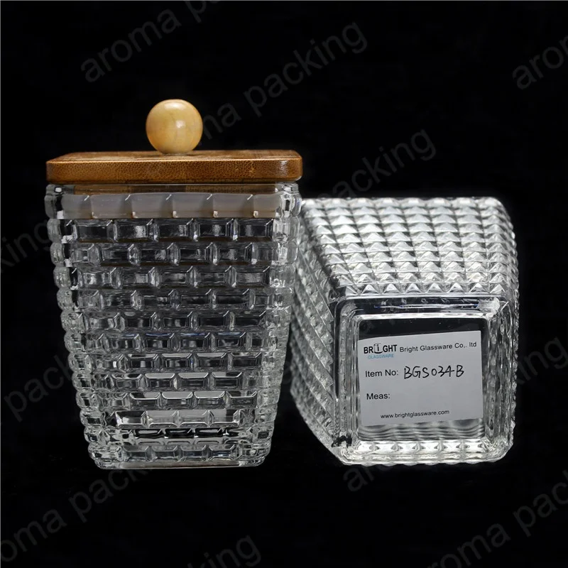Wholesale Crystal Clear Square Glass Candle Jar With Square Bamboo Lid