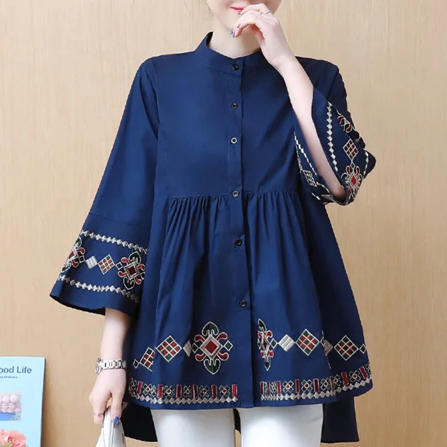 

Three quarter sleeve shirt plus size women shirt blouses, Green;navy