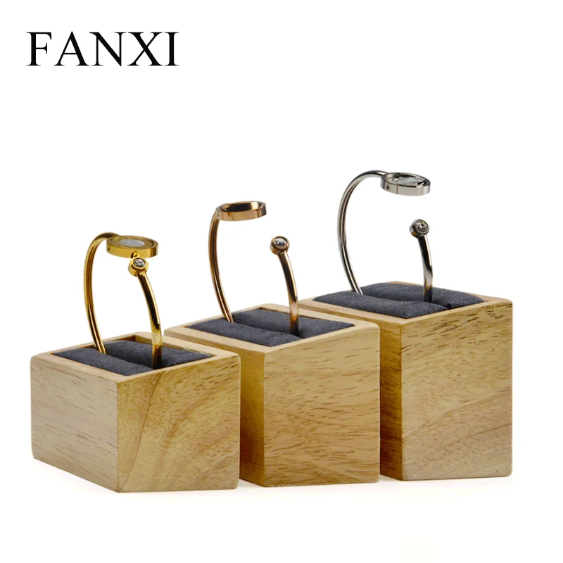

FANXI Wholesale Solid Wooden Bangle Display Stands With Gray Microfiber Insert Fine Workmanship Wood Jewelry Display, Dark gray/creamy white