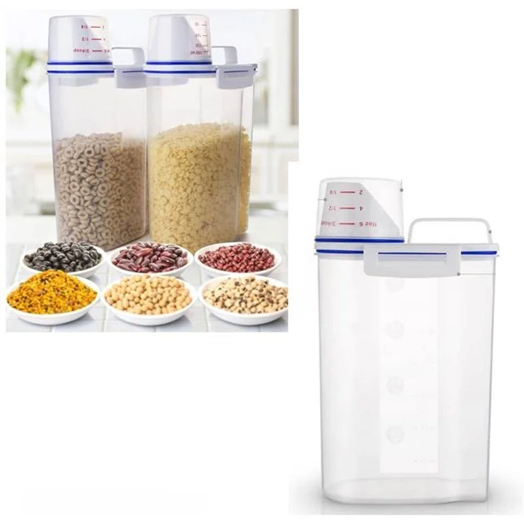 

plastic rice storage container 2kg box with lid, White and blue