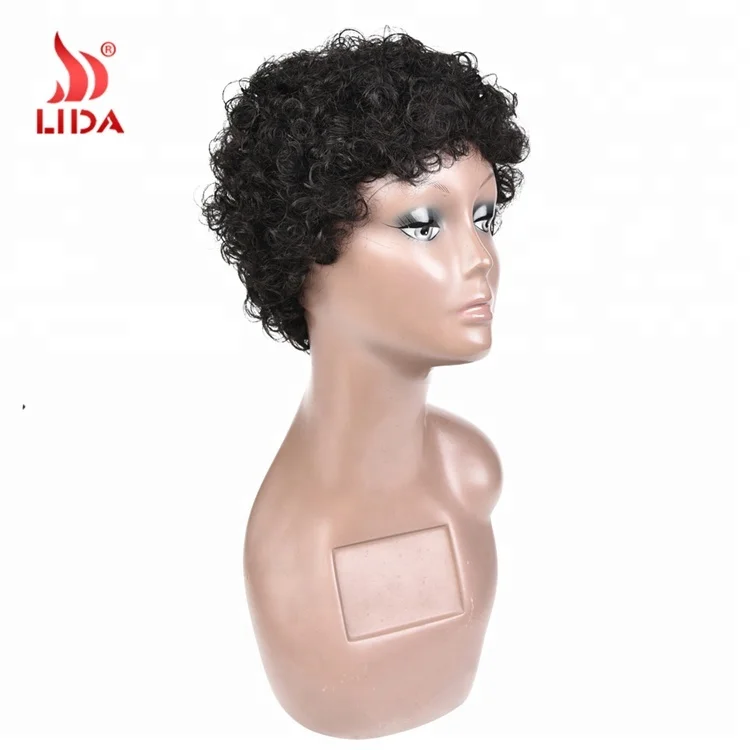 
Lida short kinky curly afro pixie beauty wig 1B# 6377 peruvian wig 