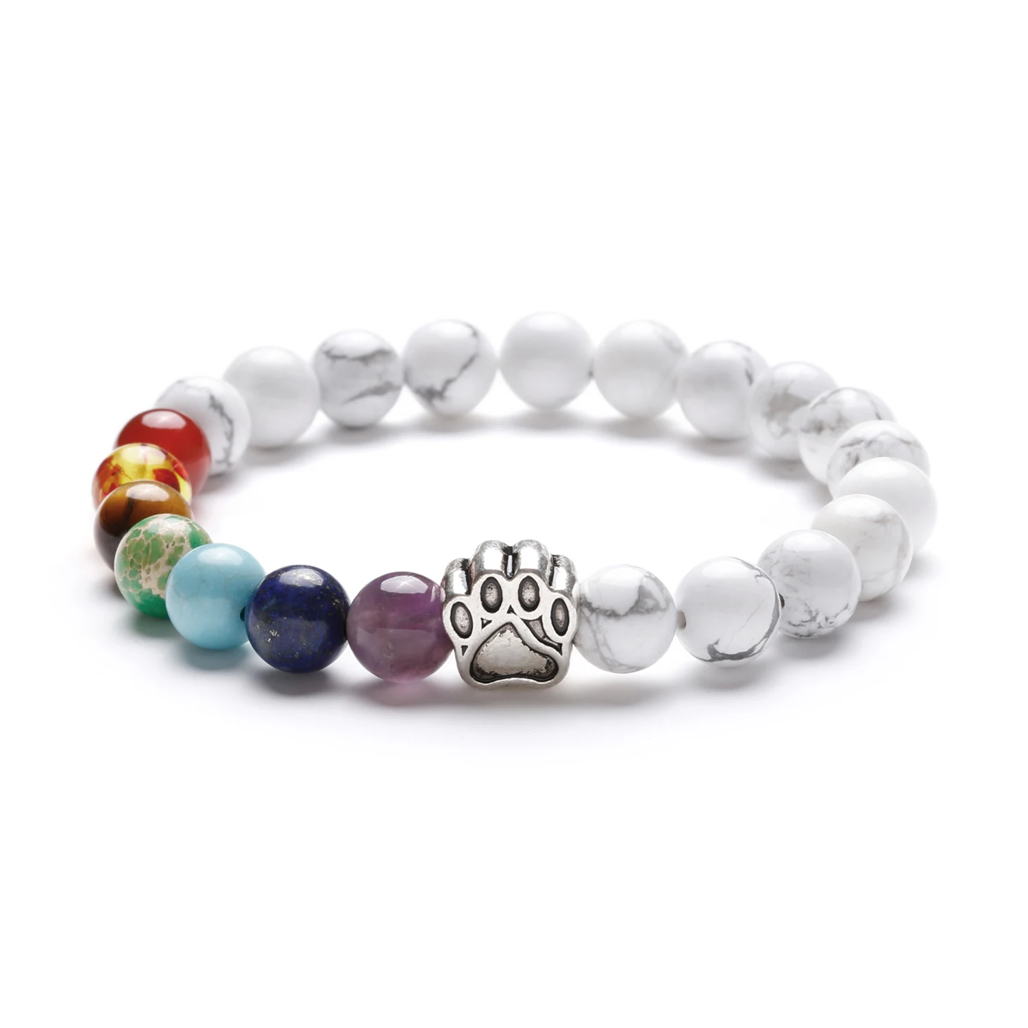 Cute Dog Paw Print Charm Rainbow Chakra Healing 8MM Bead Stretch Bracelet Gifts