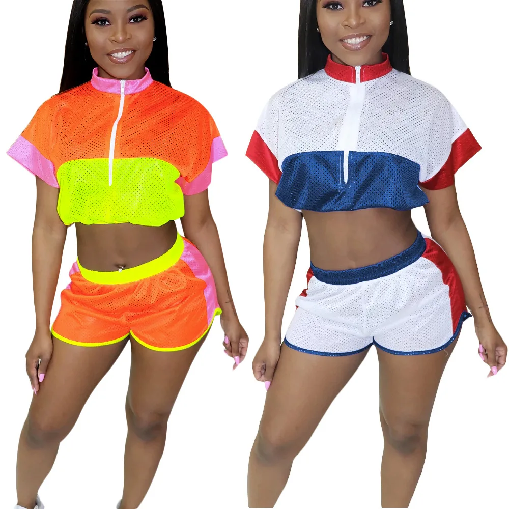 

Women's Neon Colorblock Two Piece Set Clothing Tube Top Shorts Outfits Biker Short Sets, N/a