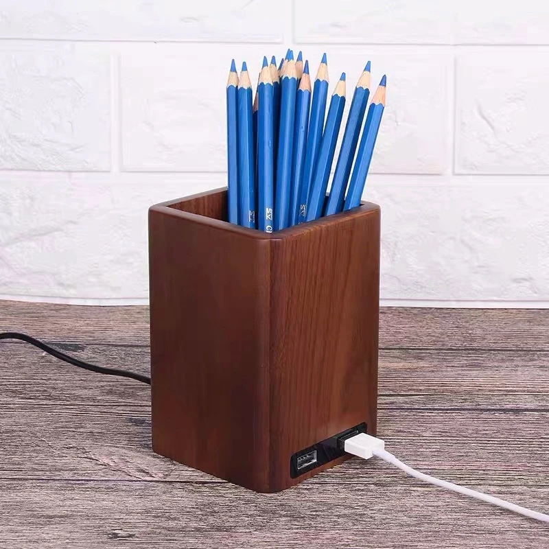 Custom High Quality Creative Walnut Wood Brush Pot Stationery Storage USB Charge Pen Holder