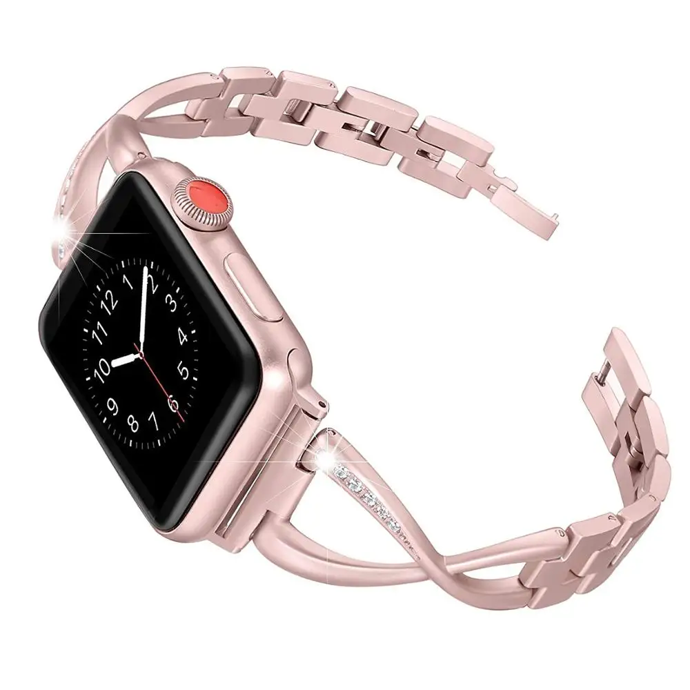 Diamond Rhinestone Bling Stainless Steel Band for Apple Watch Band 38mm 40mm iWatch Strap Belt Series 1/2/3/4/5 Pink Gold